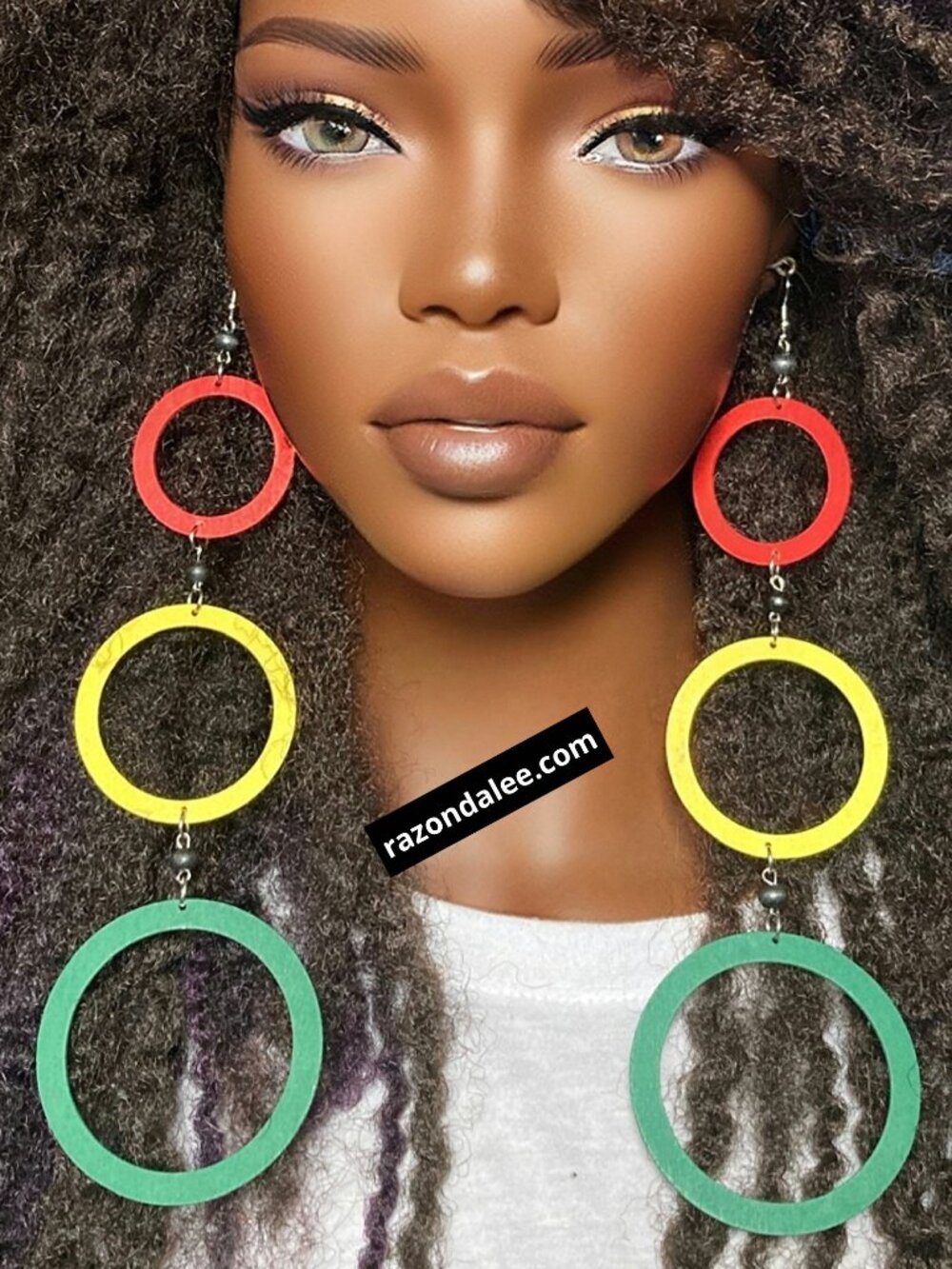 Elongated Dangle Earrings Wooden Hoops Rasta Colors by Razonda Lee
